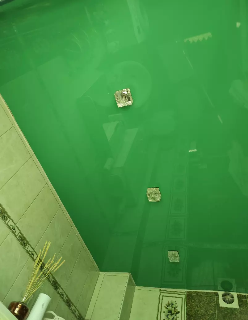 Зеленый натяжной потолок для ванной